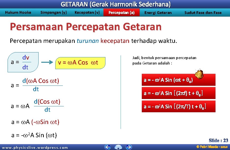 GETARAN (Gerak Harmonik Sederhana) Hukum Hooke Simpangan (y) Kecepatan (v) Percepatan (a) Energi Getaran GETARAN (Gerak Harmonik Sederhana) Hukum Hooke Simpangan (y) Kecepatan (v) Percepatan (a) Energi Getaran