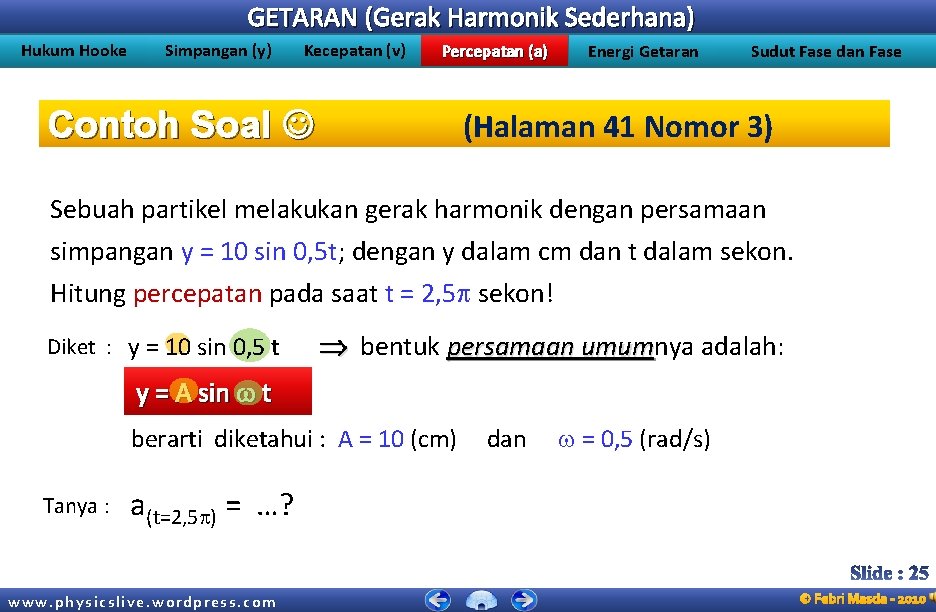 GETARAN (Gerak Harmonik Sederhana) Hukum Hooke Simpangan (y) Kecepatan (v) Percepatan (a) Contoh Soal