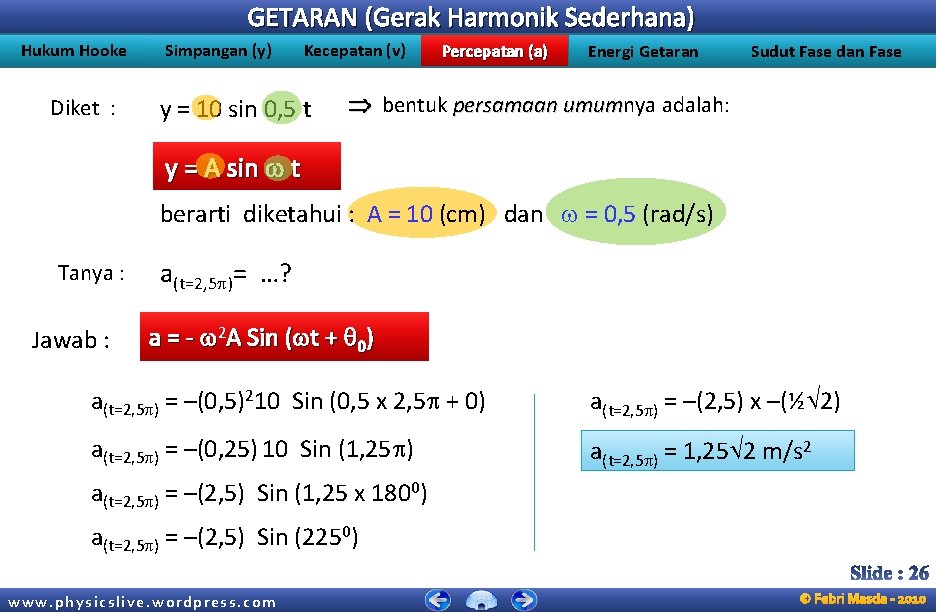 GETARAN (Gerak Harmonik Sederhana) Hukum Hooke Diket : Simpangan (y) Kecepatan (v) y =