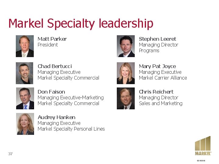 Markel Specialty leadership Matt Parker President Stephen Leeret Managing Director Programs Chad Bertucci Managing