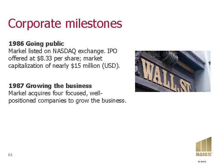 Corporate milestones 1986 Going public Markel listed on NASDAQ exchange. IPO offered at $8.
