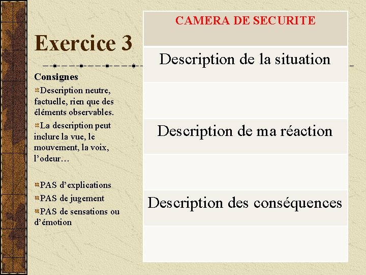 CAMERA DE SECURITE Exercice 3 Description de la situation Consignes Description neutre, factuelle, rien