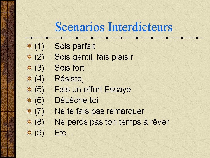 Scenarios Interdicteurs (1) Sois parfait (2) Sois gentil, fais plaisir (3) Sois fort (4)