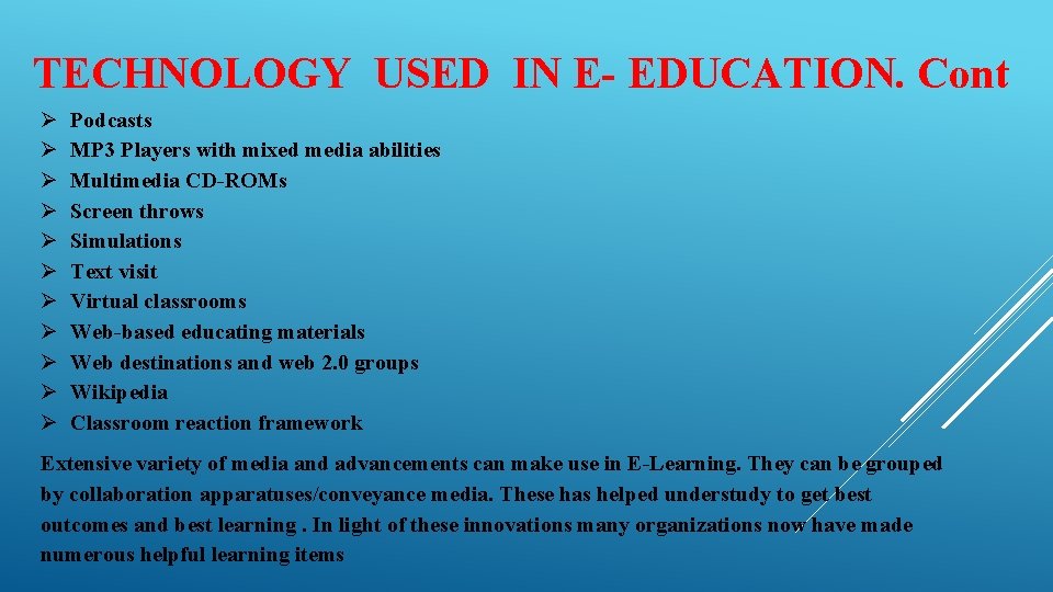 TECHNOLOGY USED IN E- EDUCATION. Cont Podcasts MP 3 Players with mixed media abilities