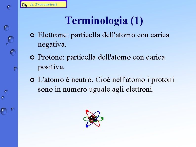 Terminologia (1) ¢ Elettrone: particella dell'atomo con carica negativa. ¢ Protone: particella dell'atomo con