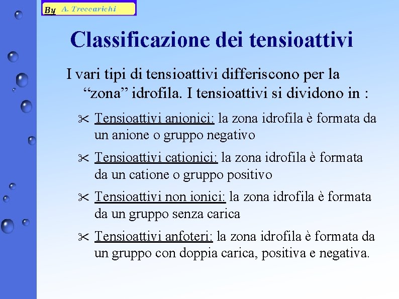 Classificazione dei tensioattivi I vari tipi di tensioattivi differiscono per la “zona” idrofila. I