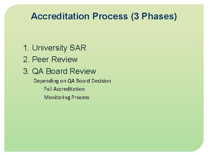 Accreditation Process (3 Phases) 1. University SAR 2. Peer Review 3. QA Board Review