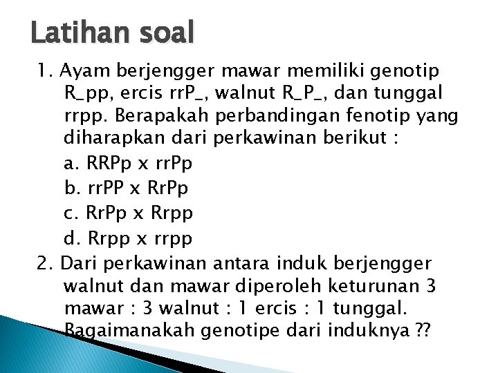 Latihan soal 1. Ayam berjengger mawar memiliki genotip R_pp, ercis rr. P_, walnut R_P_,