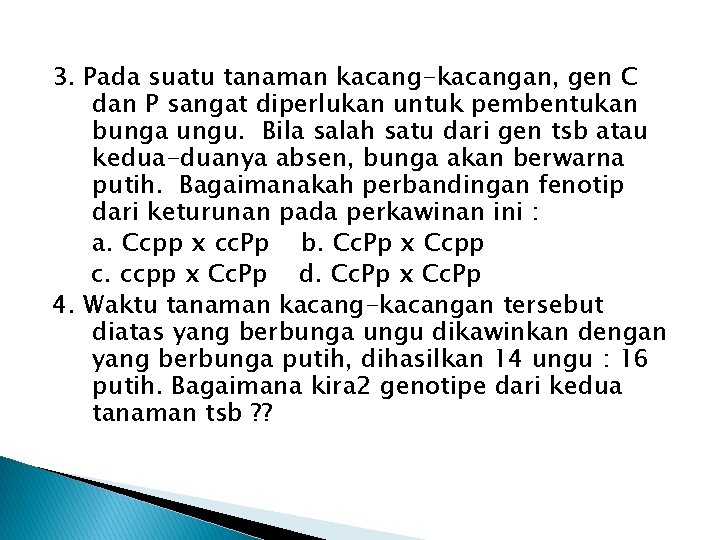 3. Pada suatu tanaman kacang-kacangan, gen C dan P sangat diperlukan untuk pembentukan bunga