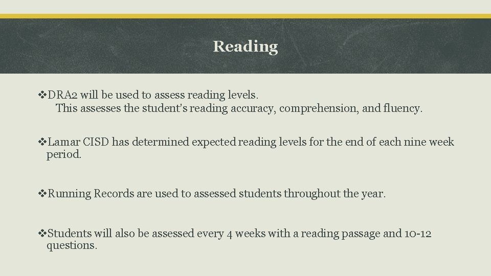 Reading v. DRA 2 will be used to assess reading levels. This assesses the