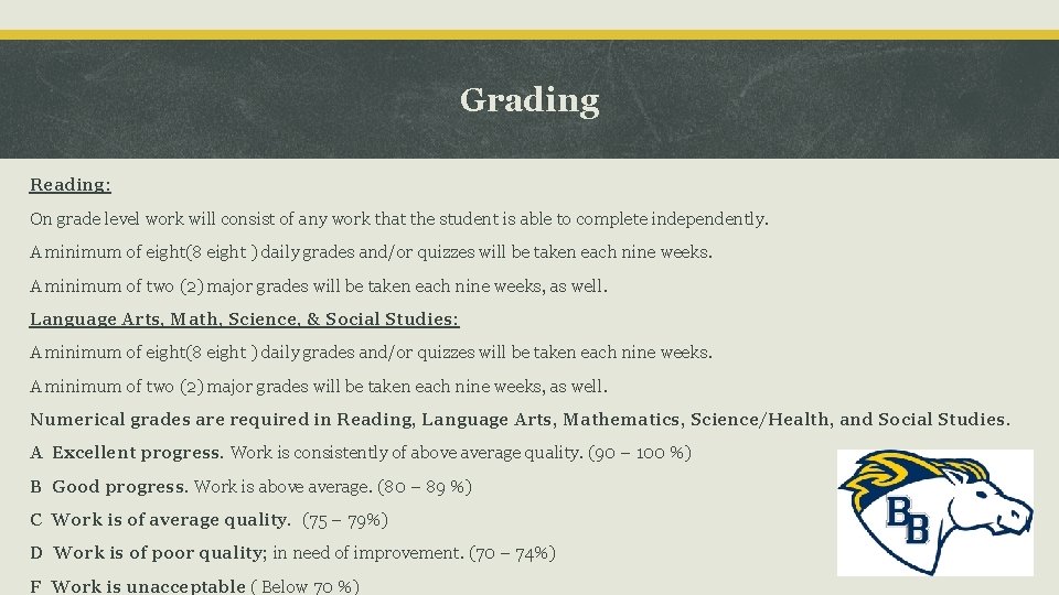Grading Reading: On grade level work will consist of any work that the student