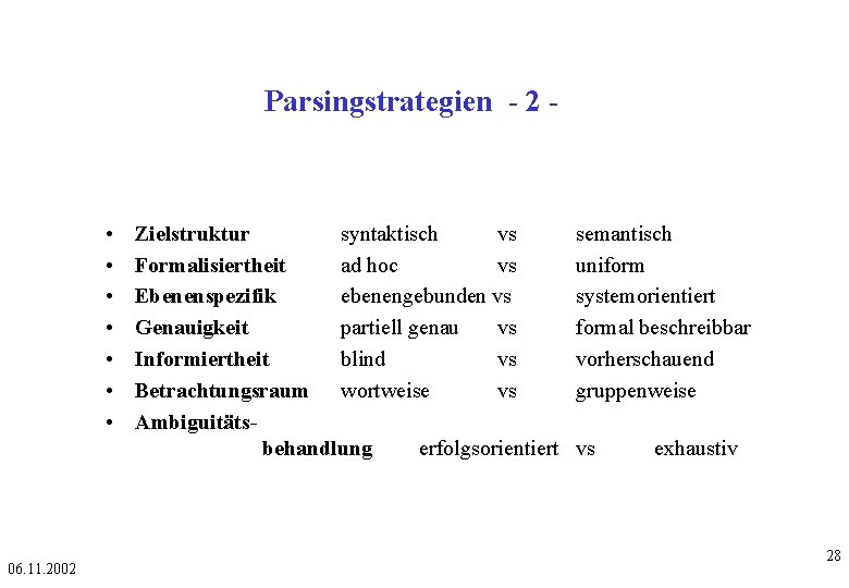 Parsingstrategien - 2 - • • 06. 11. 2002 Zielstruktur syntaktisch vs Formalisiertheit ad