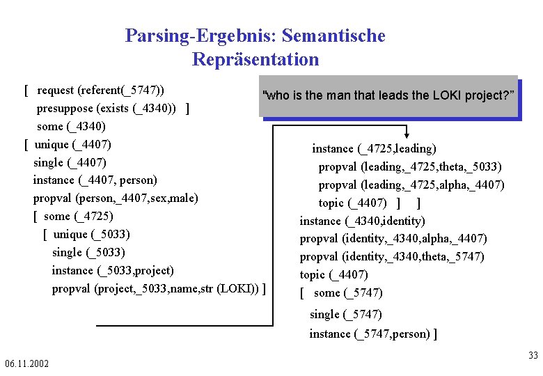 Parsing-Ergebnis: Semantische Repräsentation [ request (referent(_5747)) "who is the man that leads the LOKI