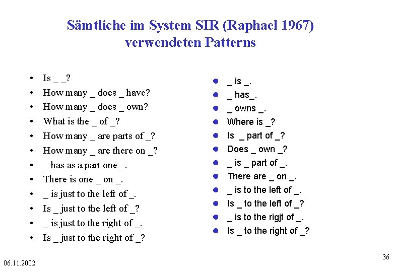 Sämtliche im System SIR (Raphael 1967) verwendeten Patterns • • • 06. 11. 2002
