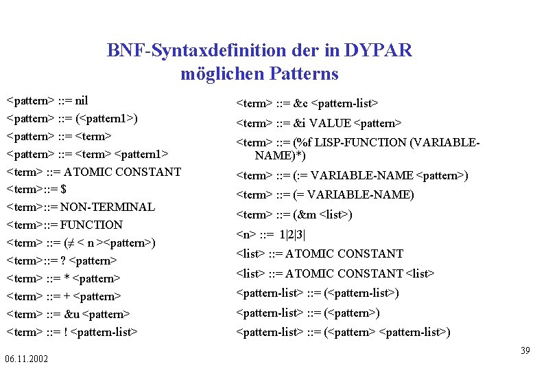 BNF-Syntaxdefinition der in DYPAR möglichen Patterns <pattern> : : = nil <pattern> : :