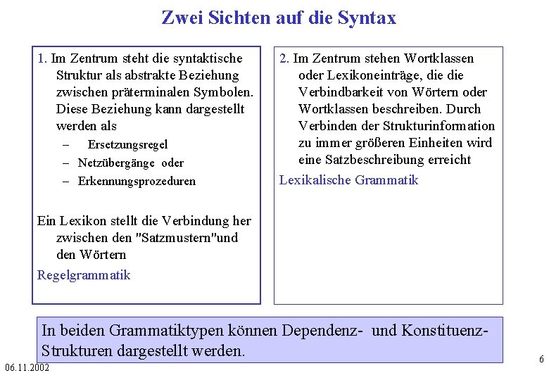 Zwei Sichten auf die Syntax 1. Im Zentrum steht die syntaktische Struktur als abstrakte