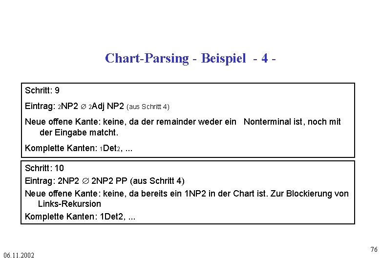 Chart-Parsing - Beispiel - 4 Schritt: 9 Eintrag: 2 NP 2 Æ 2 Adj