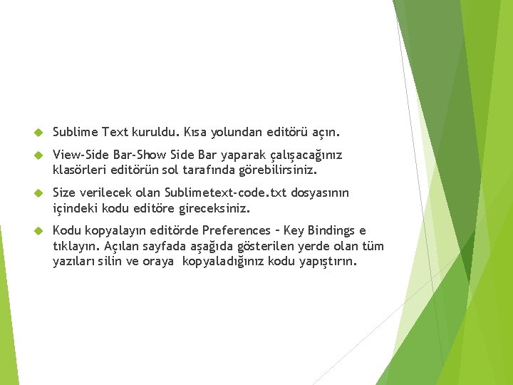  Sublime Text kuruldu. Kısa yolundan editörü açın. View-Side Bar-Show Side Bar yaparak çalışacağınız