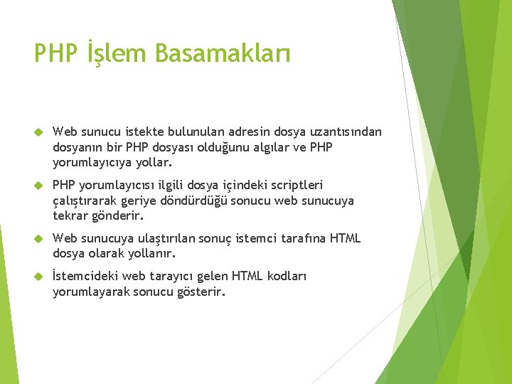 PHP İşlem Basamakları Web sunucu istekte bulunulan adresin dosya uzantısından dosyanın bir PHP dosyası