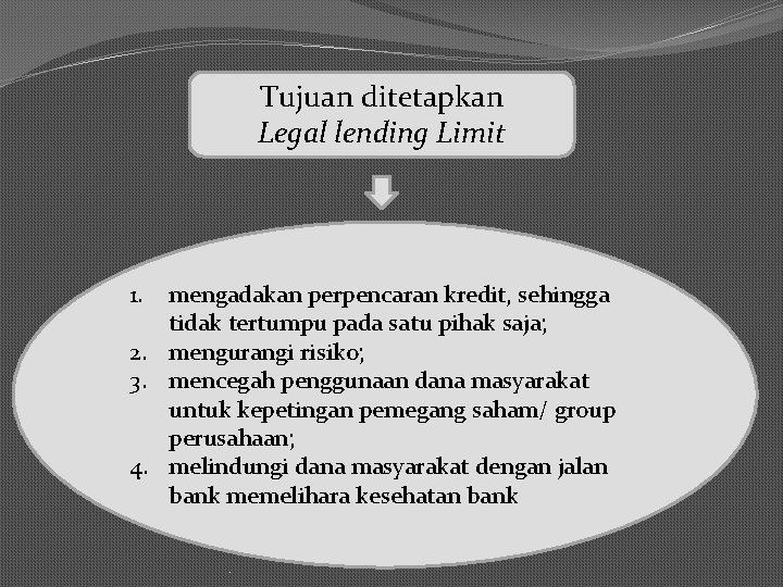 Tujuan ditetapkan Legal lending Limit 1. mengadakan perpencaran kredit, sehingga tidak tertumpu pada satu