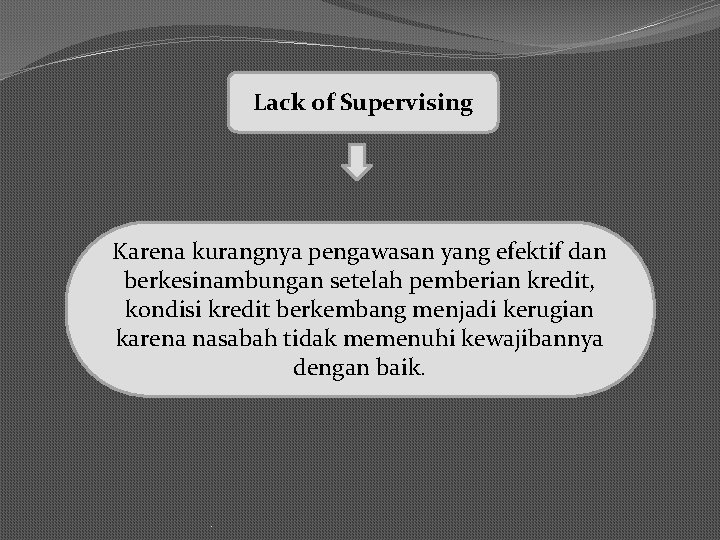 Lack of Supervising Karena kurangnya pengawasan yang efektif dan berkesinambungan setelah pemberian kredit, kondisi