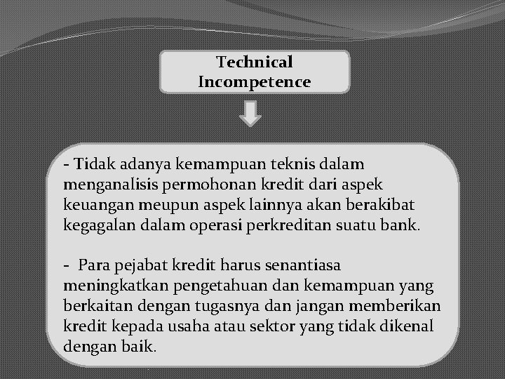 Technical Incompetence - Tidak adanya kemampuan teknis dalam menganalisis permohonan kredit dari aspek keuangan