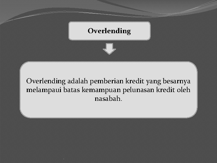 Overlending adalah pemberian kredit yang besarnya melampaui batas kemampuan pelunasan kredit oleh nasabah. .