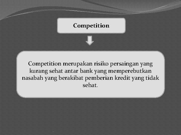 Competition merupakan risiko persaingan yang kurang sehat antar bank yang memperebutkan nasabah yang berakibat