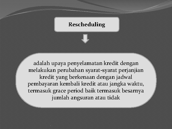 Rescheduling adalah upaya penyelamatan kredit dengan melakukan perubahan syarat-syarat perjanjian kredit yang berkenaan dengan