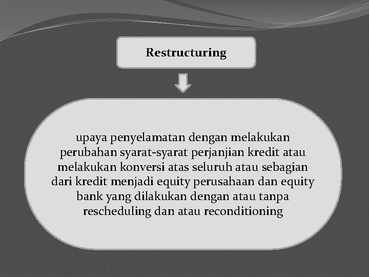 Restructuring upaya penyelamatan dengan melakukan perubahan syarat-syarat perjanjian kredit atau melakukan konversi atas seluruh