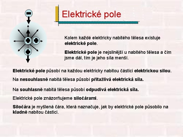 Elektrické pole Kolem každé elektricky nabitého tělesa existuje elektrické pole. Elektrické pole je nejsilnější