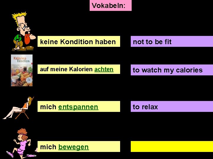 Vokabeln: keine Kondition haben not to be fit auf meine Kalorien achten to watch