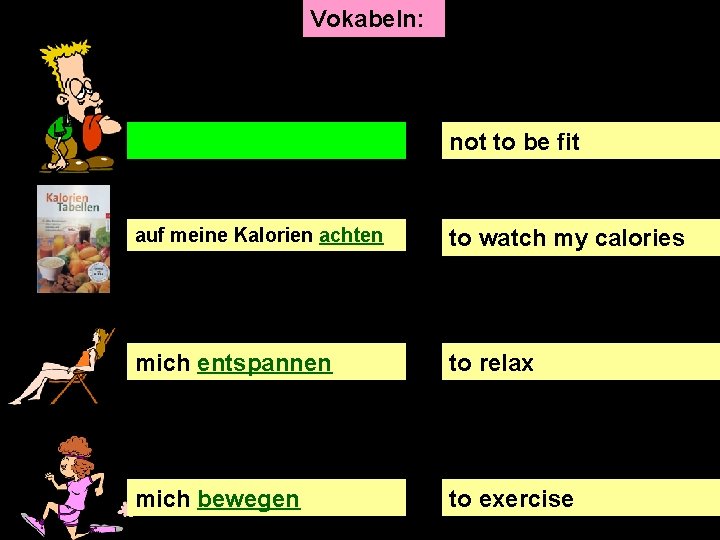 Vokabeln: not to be fit auf meine Kalorien achten to watch my calories mich