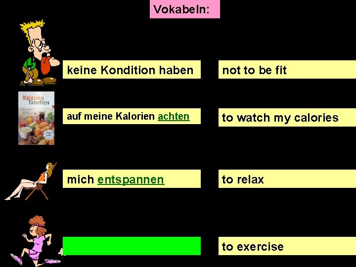 Vokabeln: keine Kondition haben not to be fit auf meine Kalorien achten to watch