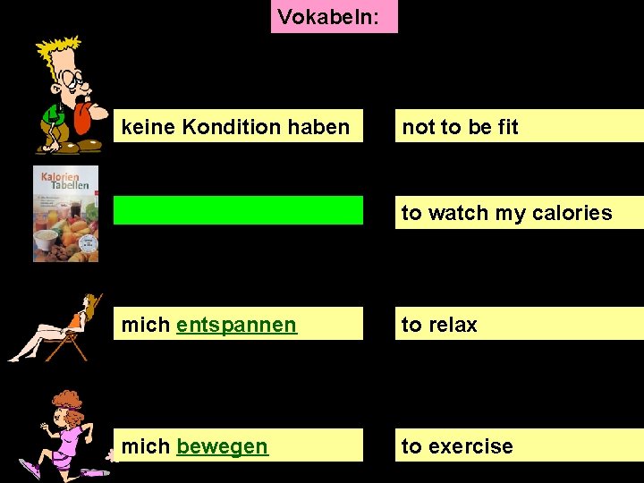 Vokabeln: keine Kondition haben not to be fit to watch my calories mich entspannen