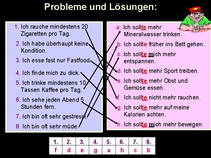Probleme und Lösungen: 1. Ich rauche mindestens 20 Zigaretten pro Tag. a. Ich sollte