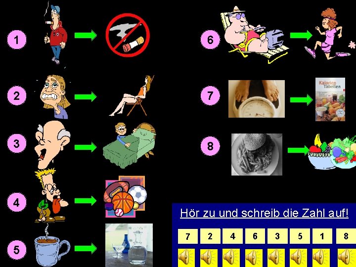 1 6 2 7 3 8 4 Hör zu und schreib die Zahl auf!