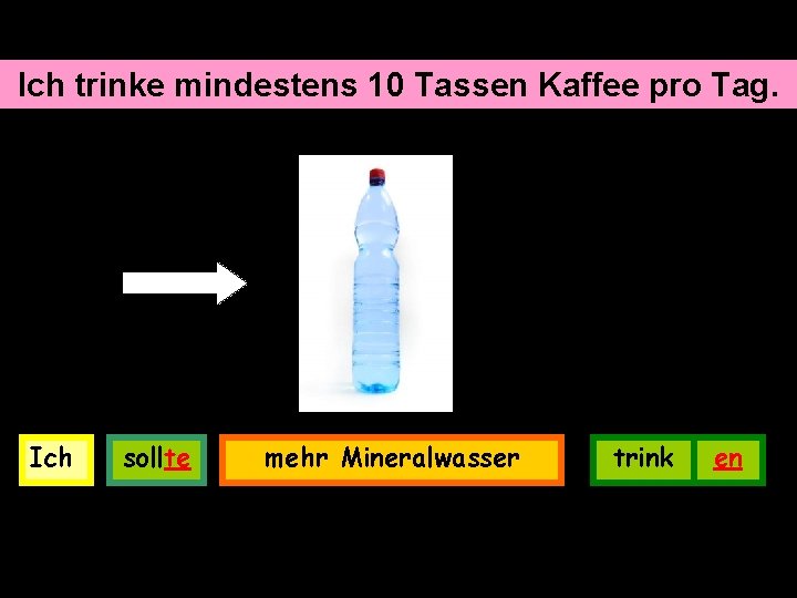 Ich trinke mindestens 10 Tassen Kaffee pro Tag. Ich sollte mehr Mineralwasser trink en