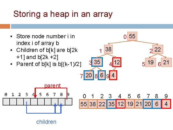 Storing a heap in an array • Store node number i in index i