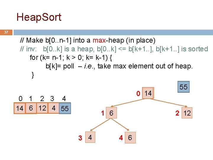 Heap. Sort 37 // Make b[0. . n-1] into a max-heap (in place) //