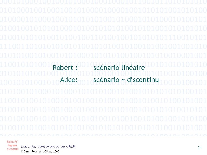 Robert : Alice: Les midi-conférences du CRIM © Denis Poussart, CRIM, 2002 scénario linéaire