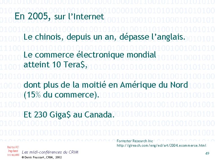 En 2005, sur l’Internet Le chinois, depuis un an, dépasse l’anglais. Le commerce électronique