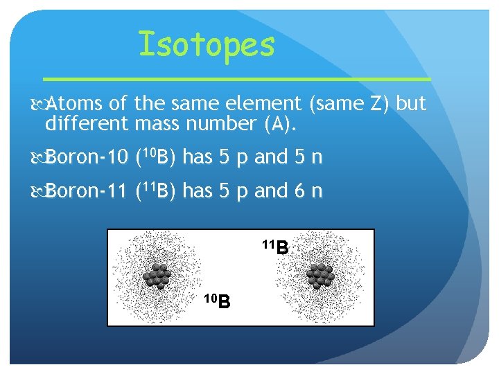 Isotopes Atoms of the same element (same Z) but different mass number (A). Boron-10