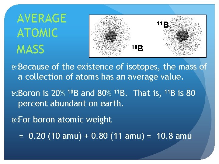 AVERAGE ATOMIC MASS 11 B 10 B Because of the existence of isotopes, the