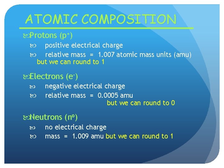 ATOMIC COMPOSITION Protons (p+) positive electrical charge relative mass = 1. 007 atomic mass