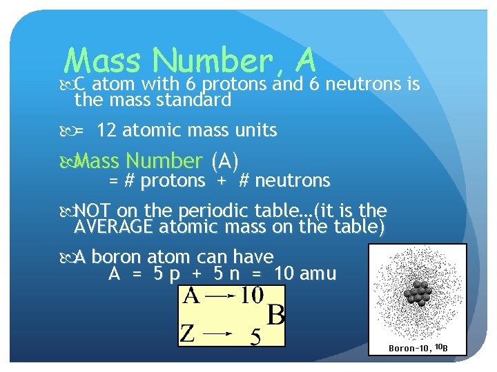 Mass Number, A C atom with 6 protons and 6 neutrons is the mass