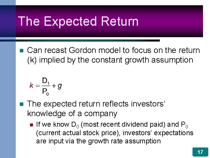 The Expected Return n Can recast Gordon model to focus on the return (k)