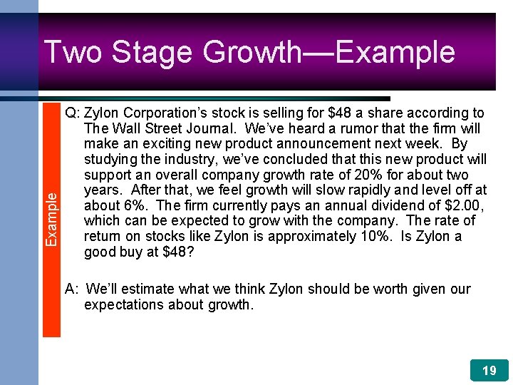Example Two Stage Growth—Example Q: Zylon Corporation’s stock is selling for $48 a share