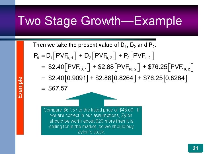 Two Stage Growth—Example Then we take the present value of D 1, D 2