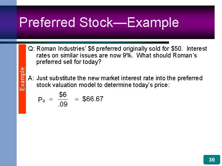 Preferred Stock—Example Q: Roman Industries’ $6 preferred originally sold for $50. Interest rates on
